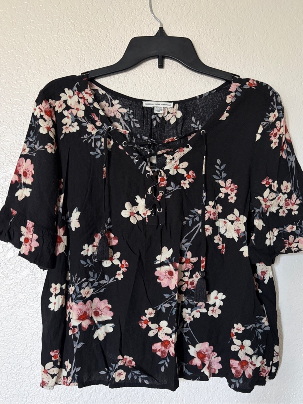 American Eagle Outfitters Black Floral Lace-Up Peasant Top